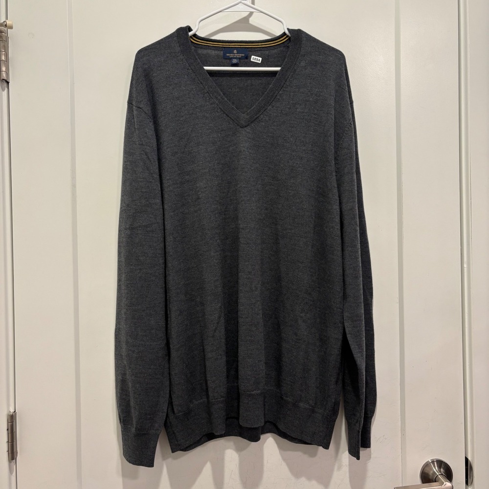 Brooks Brothers Mens XXL Extra Fine Merino Wool V-Neck Sweater Charcoal Gray